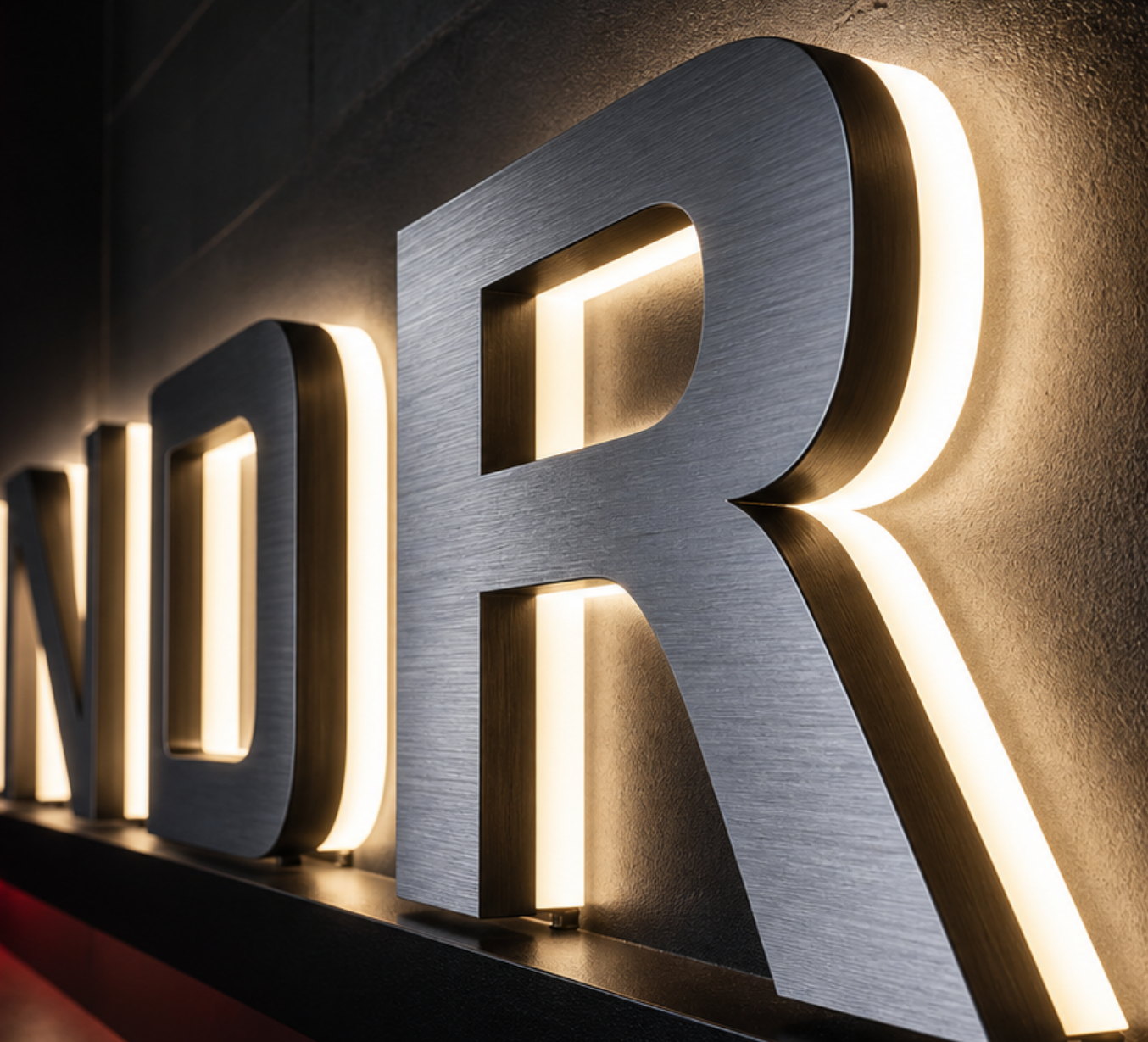 Detalle de letras corpóreas metálicas retroiluminadas